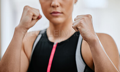 Buy stock photo Hands, woman and fist in gym for boxing, fitness and training for mma and workout. Female athlete, martial arts and exercise or wellness for challenge and competition or performance in sports club