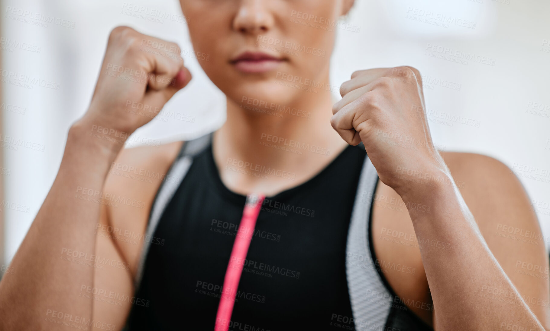 Buy stock photo Hands, woman and fist in gym for boxing, fitness and training for mma and workout. Female athlete, martial arts and exercise or wellness for challenge and competition or performance in sports club