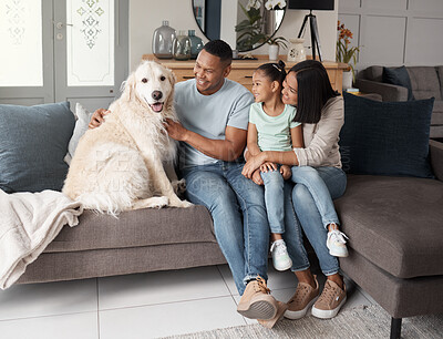 Buy stock photo Parents, kid and dog portrait on sofa for stroke, bonding and animal care in living room. Couple, child and golden retriever on couch for trust, pet adoption and support at home with happiness