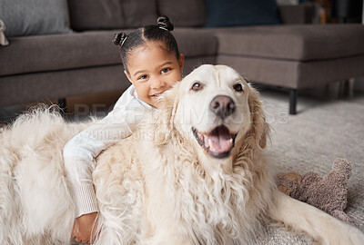 Buy stock photo Girl, dog and portrait on floor in house for support, safety and playing together with love or care. Young child, happy and golden retriever on ground in home for pet growth, security and development