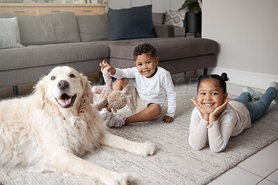 Buy stock photo Children, dog and smile on floor in house for support, safety and playing together with girl or boy. Kids, portrait and golden retriever on ground in home for pet growth, security and development