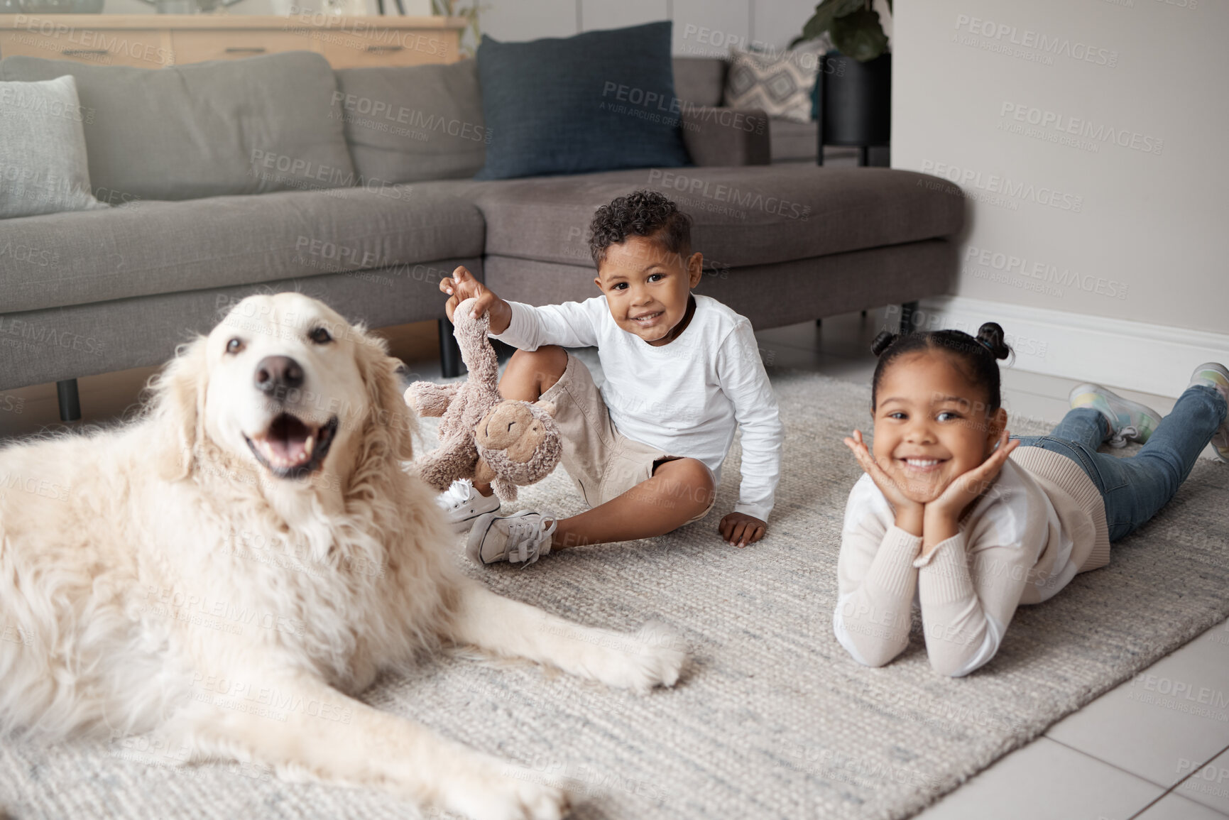 Buy stock photo Children, dog and smile on floor in house for support, safety and playing together with girl or boy. Kids, portrait and golden retriever on ground in home for pet growth, security and development