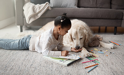 Buy stock photo Girl, dog and feeding on floor in house for support, safety and playing together with love or care. Young child, animal and golden retriever on ground in home for pet growth, security and development