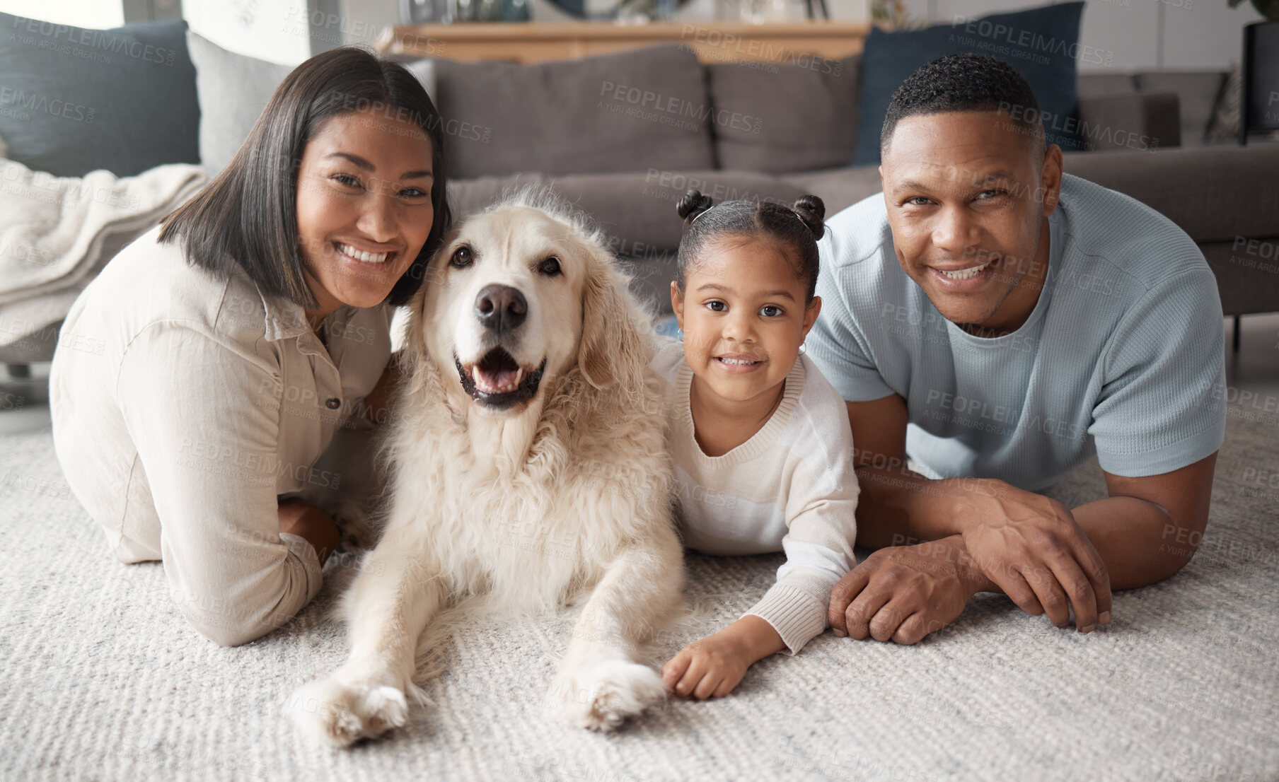 Buy stock photo Parents, girl and dog on floor, portrait and smile with love, care and bonding in living room at family home. Father, mother and daughter with pet animal, happiness or relax together on lounge carpet