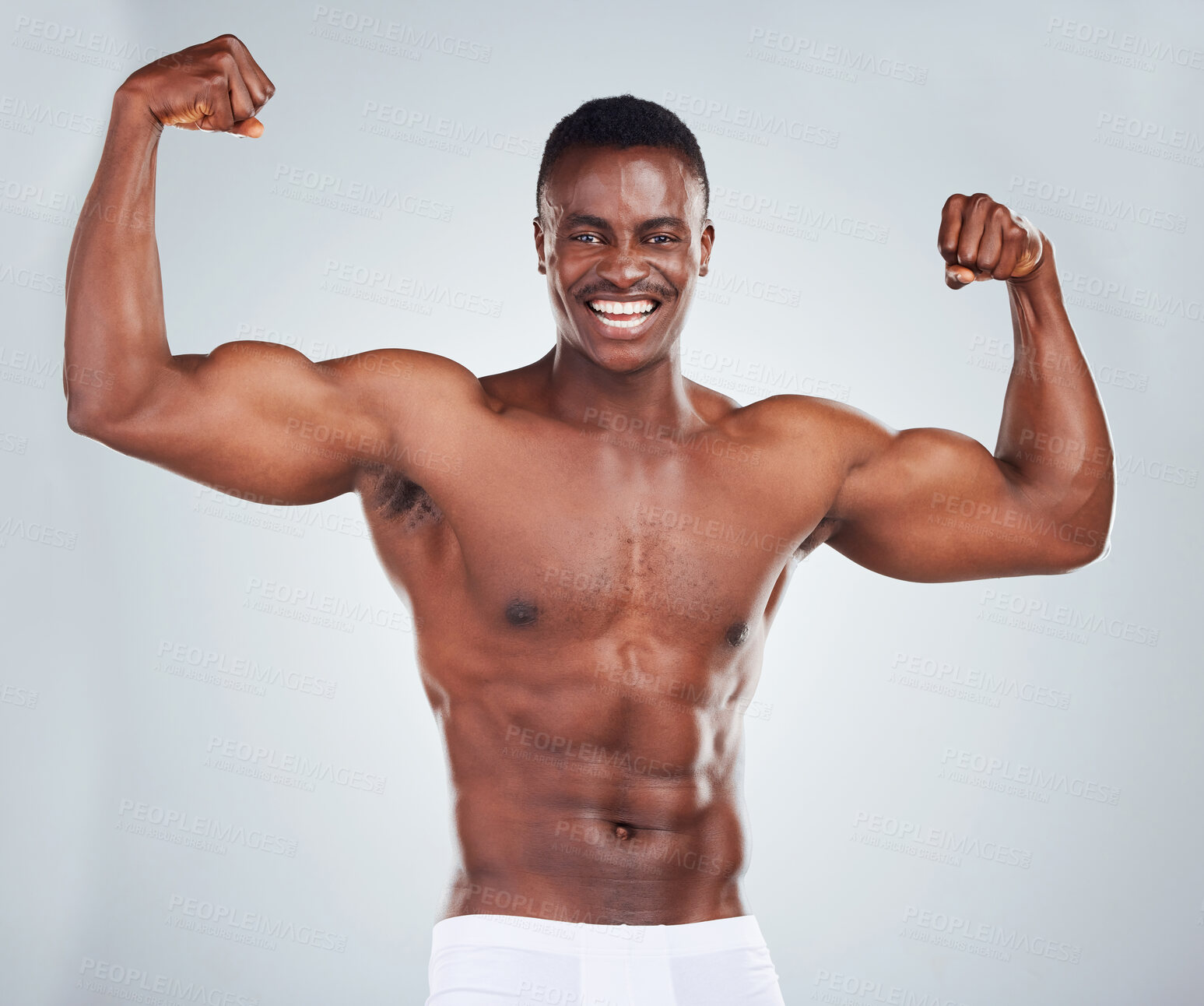 Buy stock photo Flexing, bicep and black man with portrait in studio with fitness for muscle growth, strong body and power. Athlete, happy and topless with arm strength, underwear and champion on gray background