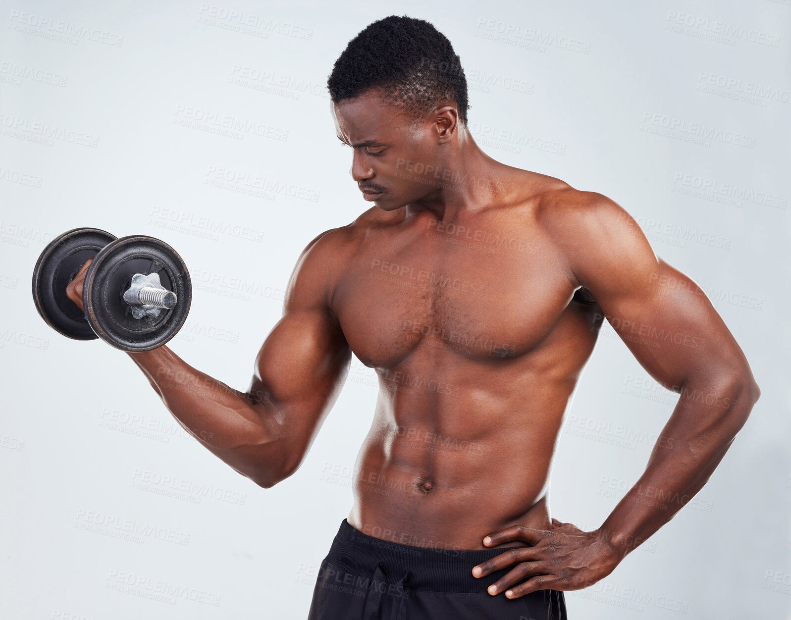 Buy stock photo Weights, muscle and black man in studio for workout, bodybuilder training and intense exercise. Fitness, sports and person weightlifting for strength, biceps and strong arms on white background