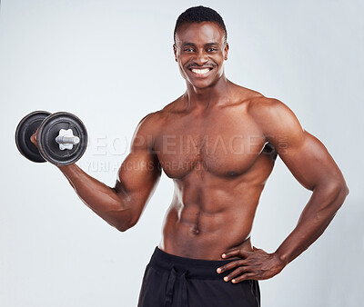 Buy stock photo Weights, happy and portrait of black man in studio for workout, bodybuilder training and exercise. Fitness, sports and dumbbell weightlifting for strength, muscles and strong arms on white background