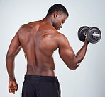 One young African American fitness model posing topless while exercising with dumbbells .Confident black male athlete isolated on grey copyspace while weightlifting in a studio