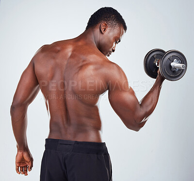 Buy stock photo Weights, muscle and back of black man in studio for workout, bodybuilder training and dumbbell exercise. Fitness, sport and weightlifting for strength, biceps and strong arms on white background