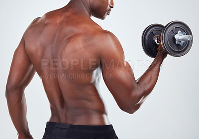 Buy stock photo Weight, dumbbells and back of black man in studio for workout, bodybuilder training and gym exercise. Fitness, sports and person weightlifting for strength, muscles or strong arms on white background