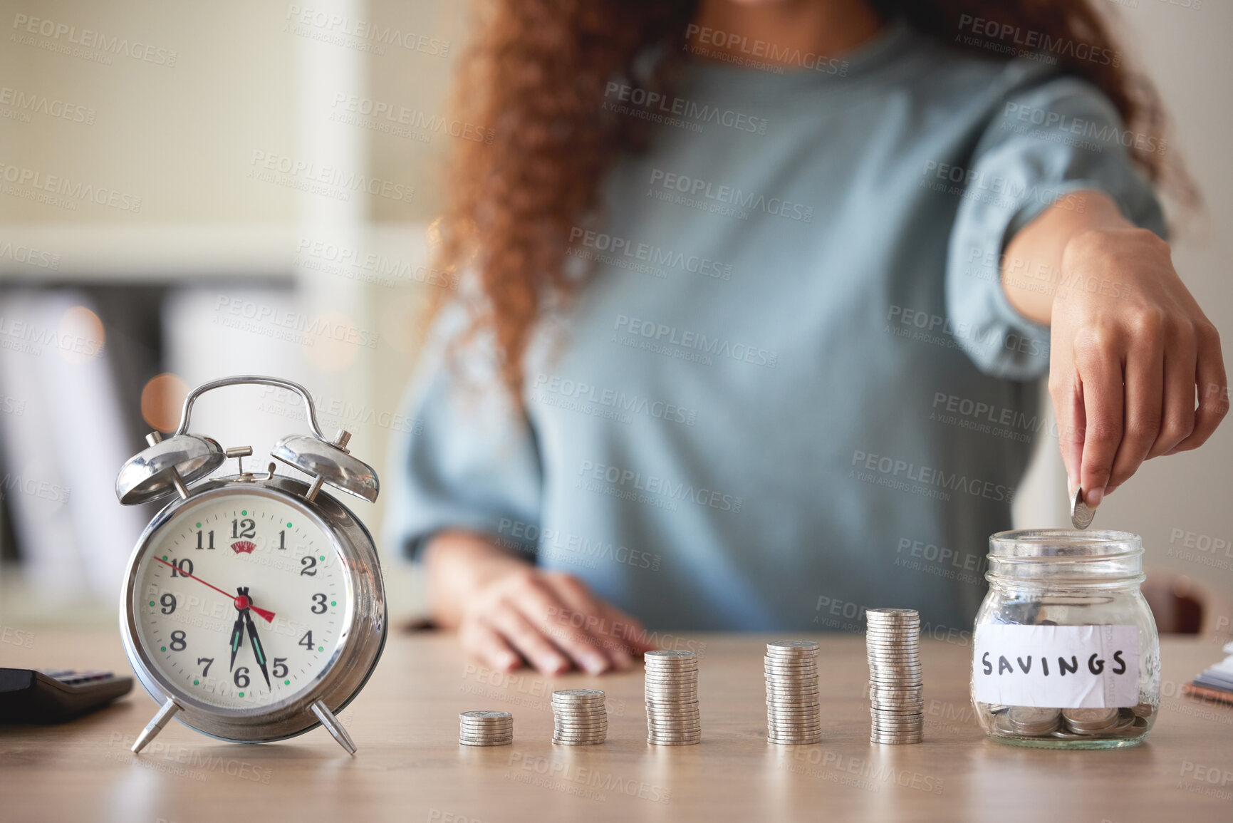 Buy stock photo Hand, savings jar and invest for growth in home, woman and clock for future in finance planning. Female person, stack and coins for graph increase, money box and funds for retirement or rainy day