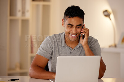 Buy stock photo Night, office and businessman with phone call by laptop for client, communication and digital portfolio. Real estate agent, smile and consulting with tech for online property, listing and negotiation