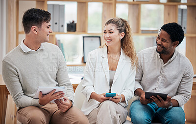 Buy stock photo Collaboration, diverse team and happy business people with motivation planning strategy, idea and innovation together in trendy modern office startup. Smiling colleagues teaming up for group success