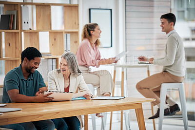 Buy stock photo Creative marketing agency or team planning talking about business innovation and growth strategy. Group of advertising employees discussing a company project working together in meeting at the office