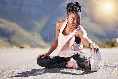 Buy stock photo Fitness, stretching and thinking with black woman runner outdoor on road for start of exercise or training. Getting ready, sports and warm up with African person on street for cardio workout