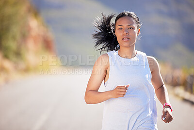 Buy stock photo Woman, running and athlete in outdoor for fitness, or training, exercise and physical cardio for marathon. Female runner, wellness and practice for race on road, serious and endurance for workout.