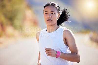 Buy stock photo Girl, running and athlete in outdoor for fitness, or training, exercise and physical cardio for marathon. Female runner, wellness and practice for race on road, serious and endurance for workout.