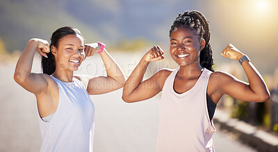 Buy stock photo Outdoor, portrait and friends with flex for fitness, common goals and support for bicep growth. Road, smile and black women with pride for challenge, exercise and wellness with routine by flare