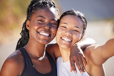 Buy stock photo Happy woman, portrait and friends with hug for selfie in outdoor workout, exercise or training memory. Female person, athlete or runner with smile for photography, picture or moment on mountain road