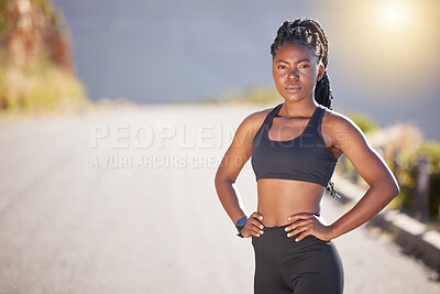 Buy stock photo Black woman, portrait and fitness with confidence on mountain road for workout, exercise or training. Young African, female person or active runner for challenge, sprint or dedication in nature