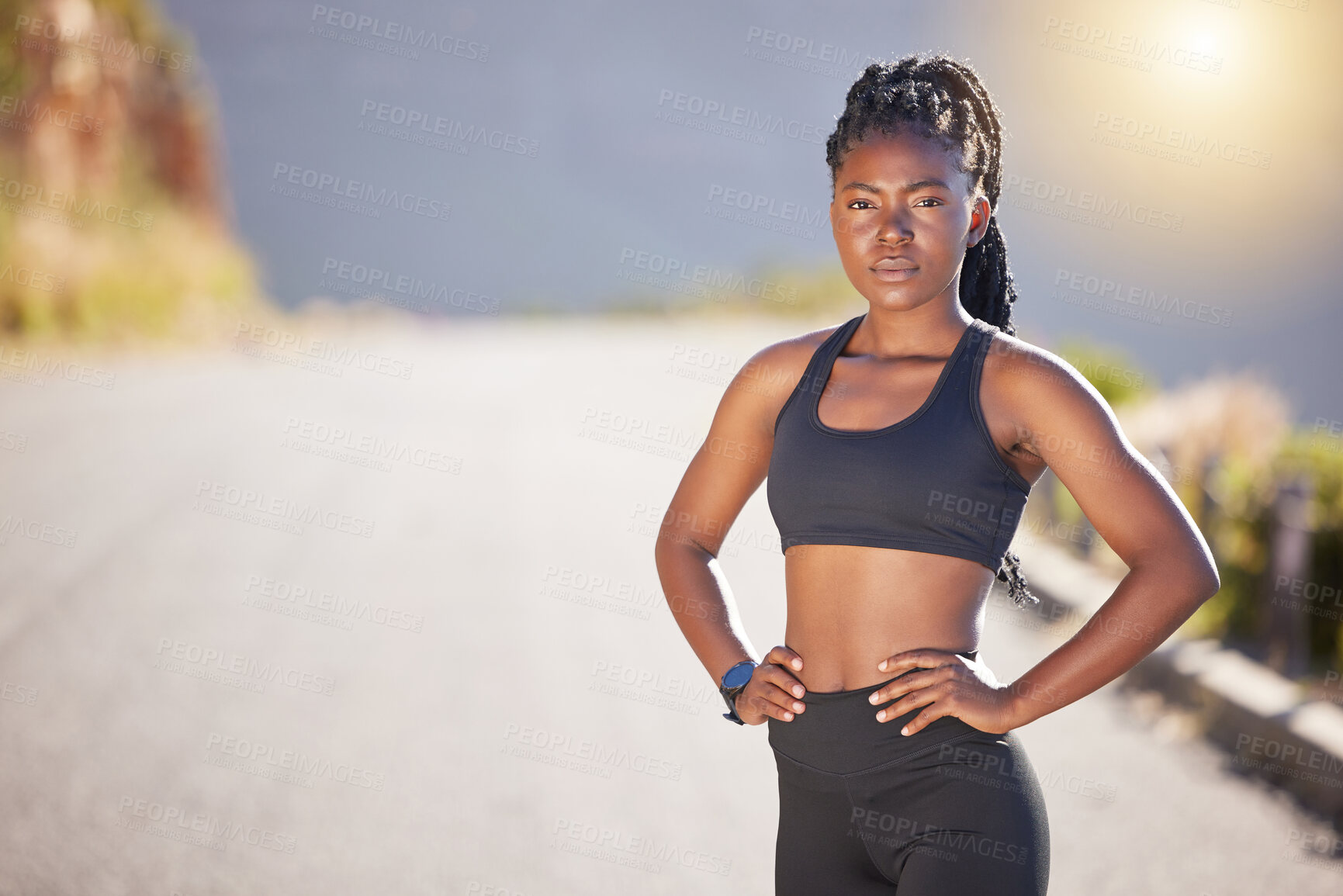 Buy stock photo Black woman, portrait and fitness with confidence on mountain road for workout, exercise or training. Young African, female person or active runner for challenge, sprint or dedication in nature