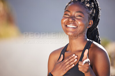 Buy stock photo Fitness, pointing and smile with portrait of woman outdoor on road for exercise or training motivation. Cardio, face and choice for running with happy for sport on street in nature for health