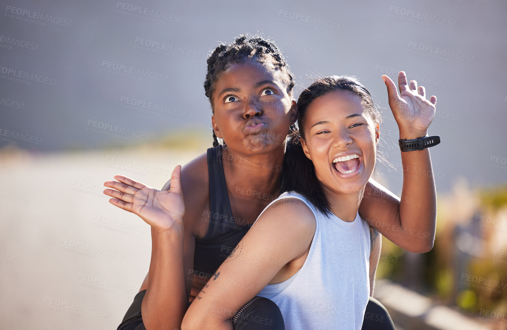 Buy stock photo Girls, face and funny friends for fitness, health and laugh together outdoor with carrying exercise. Female athlete, happy and fun in morning for wellness, workout and playful training with energy