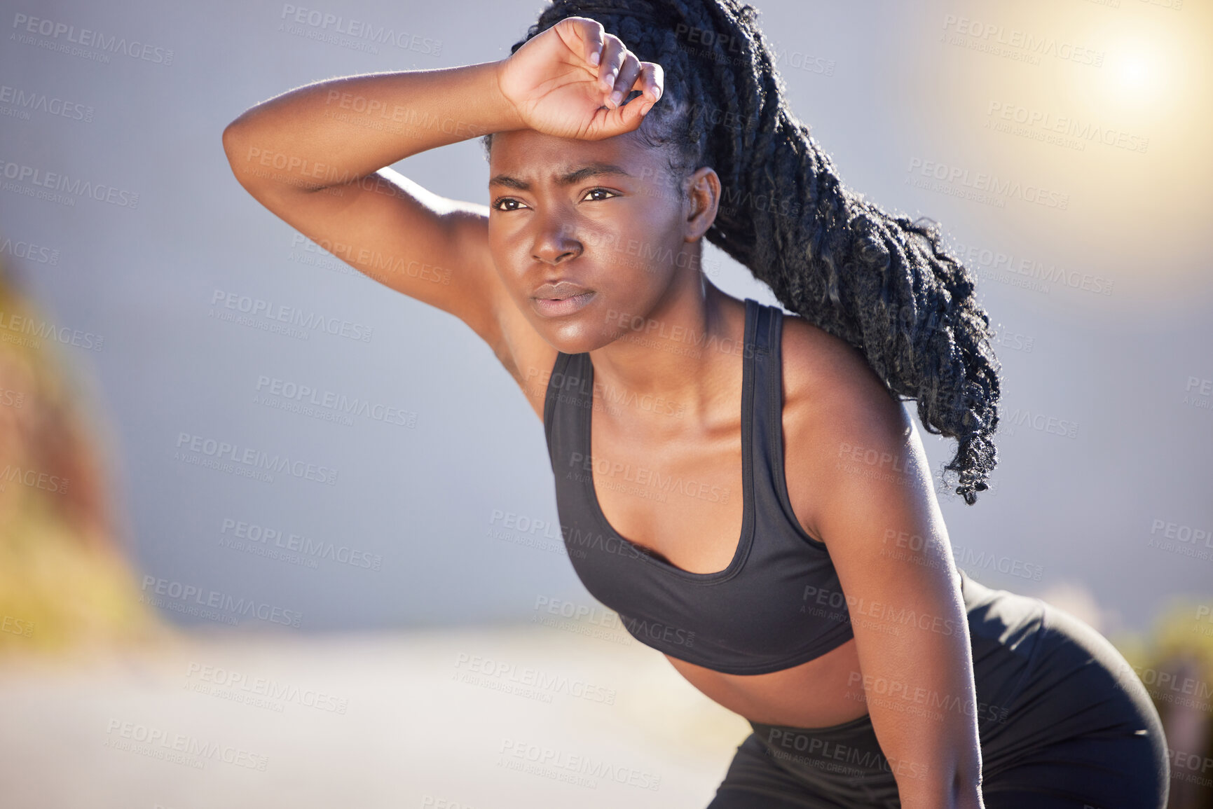 Buy stock photo Black woman, break and tired with fitness for recovery in workout, exercise or outdoor training. Exhausted African, female person or runner with sweat for rest, breathing or cardio on mountain road