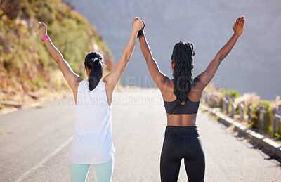 Buy stock photo Outdoor, back and friends with celebration for fitness, progress and achievement of goals with exercise. Road, women and teamwork with hands raised, wellness and victory together for cardio success