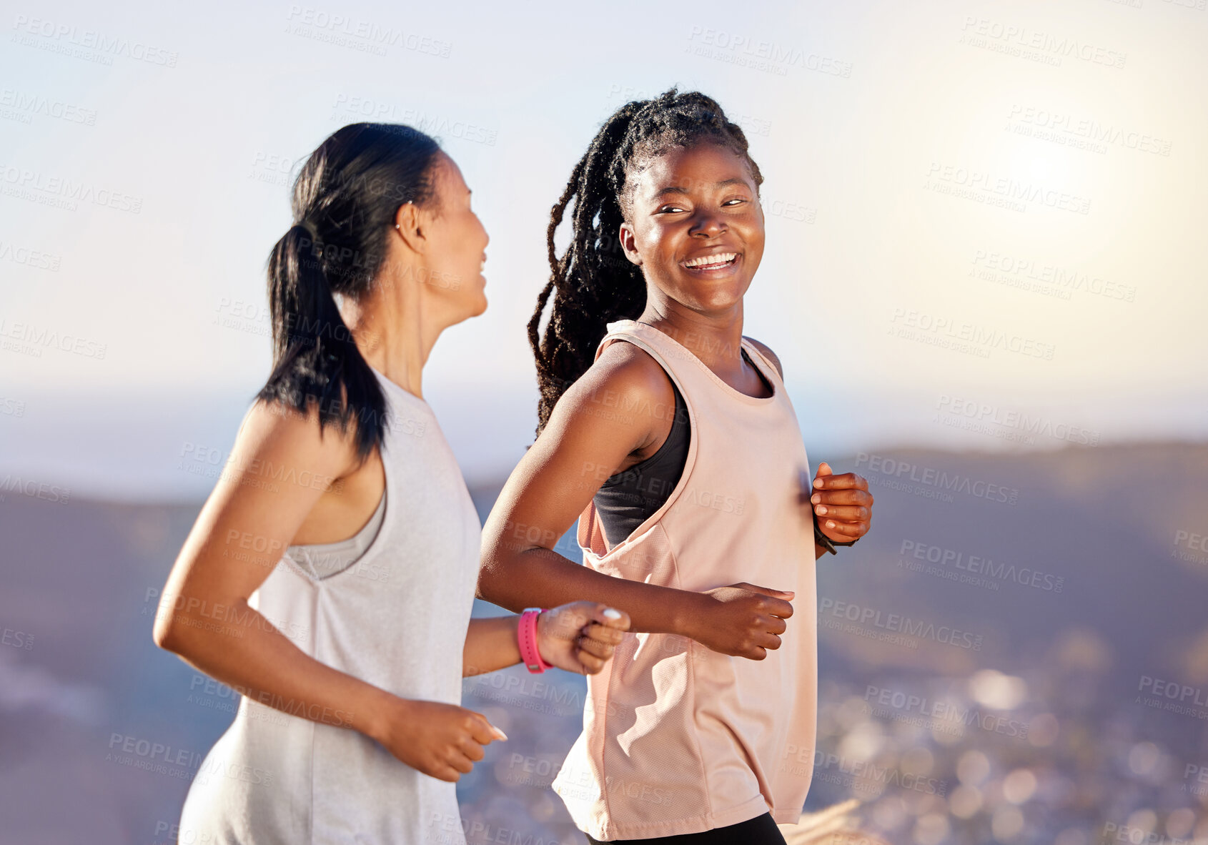 Buy stock photo Happy, fitness and people with running in nature for cardio exercise, energy and healthy body. Friends, mountain and athlete with workout for endurance, sports and training for marathon together