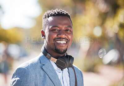 Buy stock photo Black man, city or portrait of entrepreneur with headphones ready for walk and outdoor travel. Face, town or sales person with smile in commute, street or sidewalk with pride or confidence in Nigeria