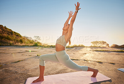 Buy stock photo Woman, stretching and fitness for yoga outdoor with exercise for body flexibility, mobility and mindfulness. Active, person and pilates training with balance, zen performance and strong core on mat