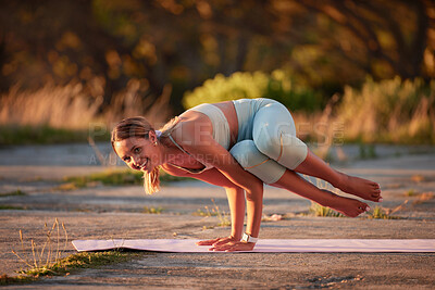 Buy stock photo Woman, portrait and stretching for yoga outdoor with crow pose for body balance, arm exercise and wrist flexibility. Active, person and pilates training for coordination, core strength and fitness