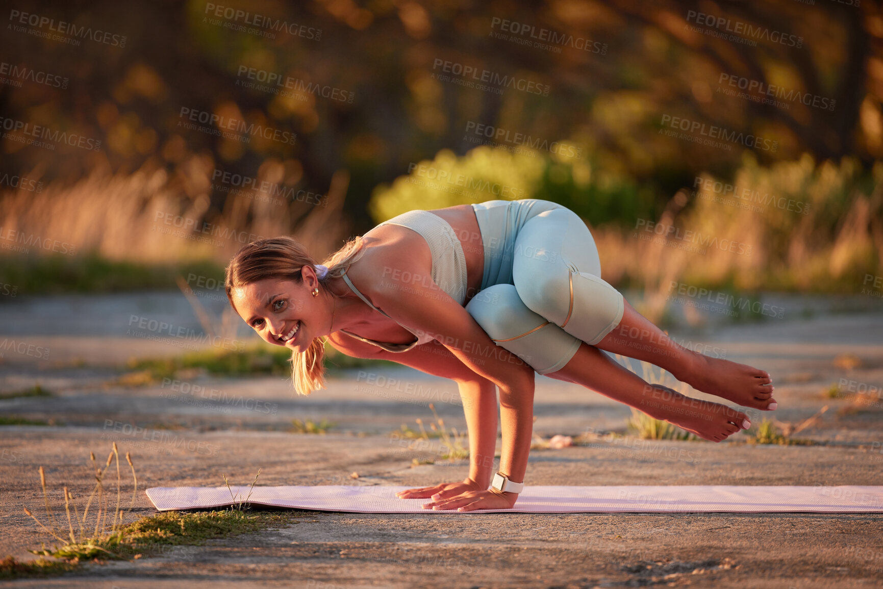 Buy stock photo Woman, portrait and stretching for yoga outdoor with crow pose for body balance, arm exercise and wrist flexibility. Active, person and pilates training for coordination, core strength and fitness