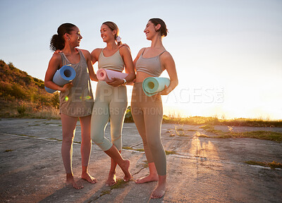 Buy stock photo Happy, friends and yoga mat outdoor with wellness, health and sunset together with bonding. Sunrise, healthy and smile for fitness, training and exercise in nature with women and calm from reunion