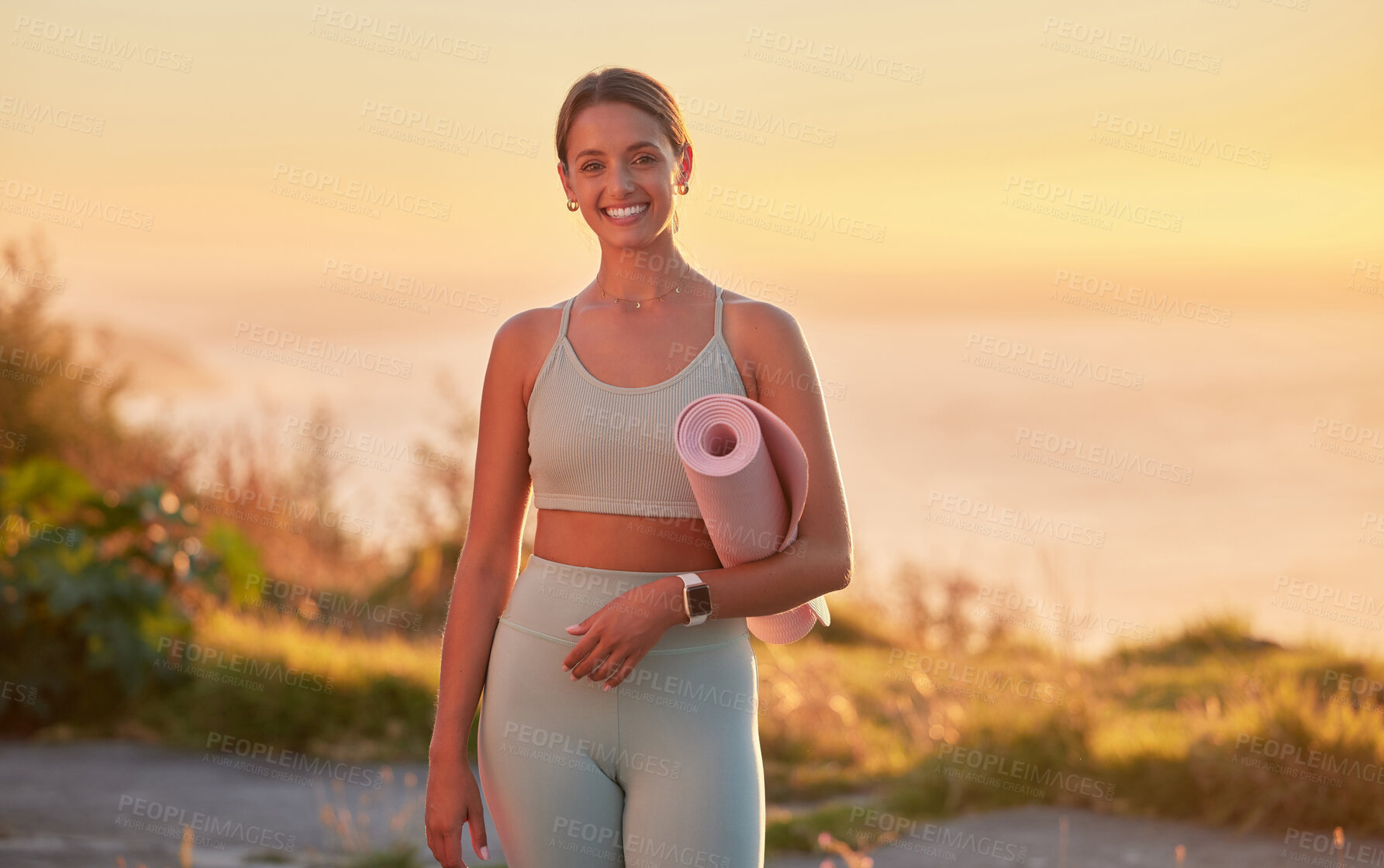 Buy stock photo Portrait, happy woman and mat for yoga at sunset outdoor for exercise, fitness or body health. Relax, pilates and girl with equipment at beach to practice, peace and calm for wellness in summer