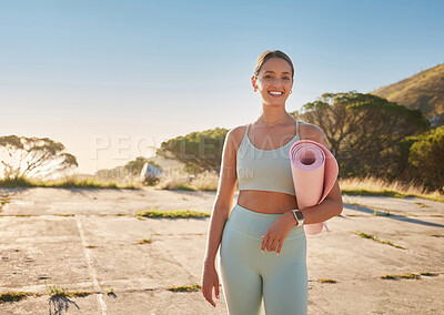 Buy stock photo Portrait, happy woman and mat for yoga outdoor for exercise, fitness or body health. Relax, pilates and girl with equipment in nature to prepare for practice, peace or calm for mockup on womens day