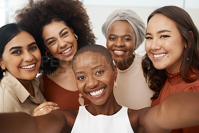 Buy stock photo Business woman, friends and smile for selfie, profile picture or social media business at office. Portrait of happy and diverse group of women face smiling for photo, vlog or online post at workplace