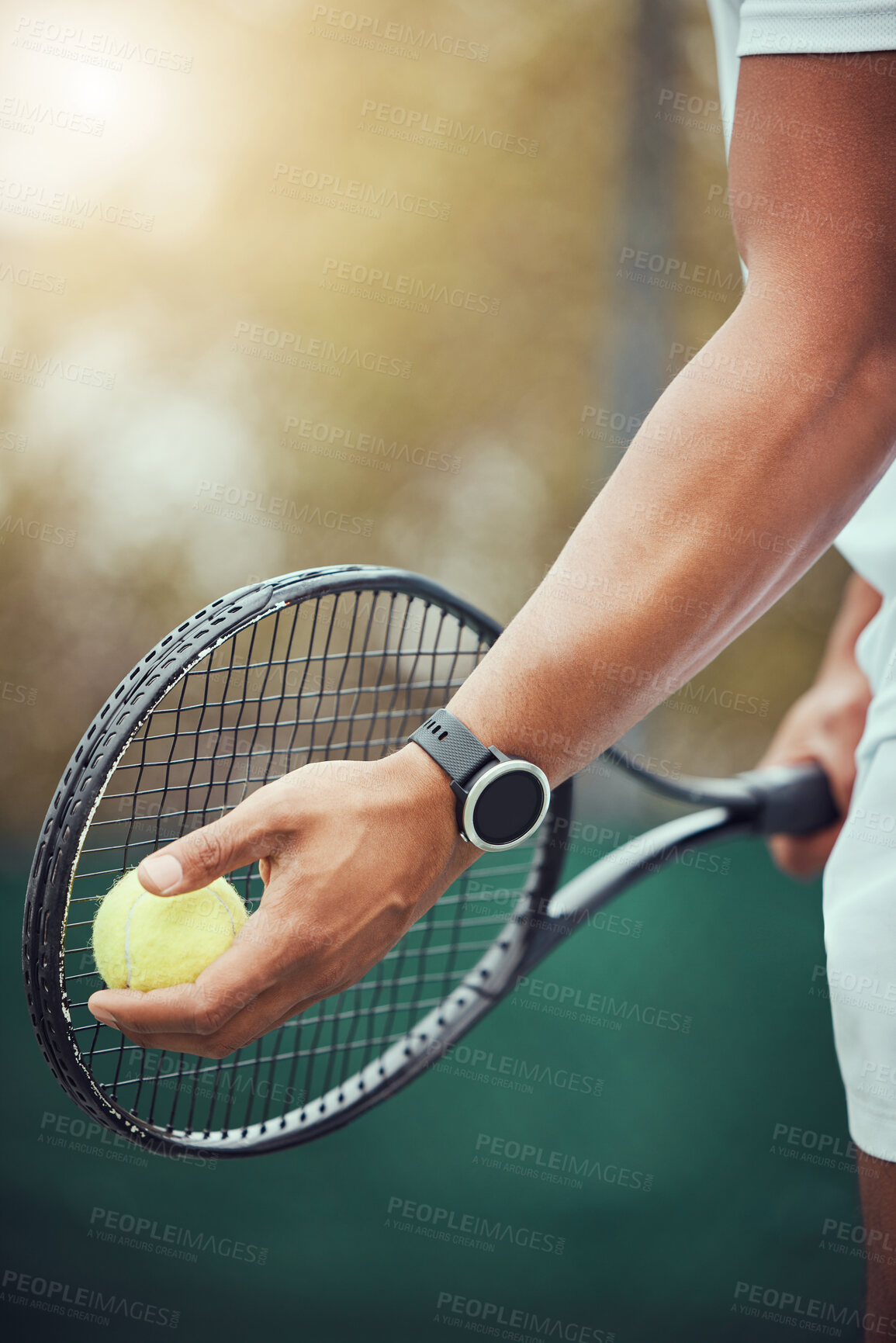 Buy stock photo Court, racket and tennis with hands for match, competition and challenge outdoor for professional game. Sports, athlete person and serving with softball, equipment and train with training and goal