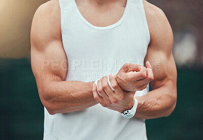 Buy stock photo Health, hand and pain of man in tennis court, sports injury and inflammation of strain muscle for player. Wellness, athlete person and sore wrist with hurt for game, fibromyalgia and match accident