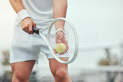 Buy stock photo Man, serving and tennis in court with racquet, sports and ball for professional match for challenge game. Playing, player and hands for technique with hobby skill, weekend break and practice in club