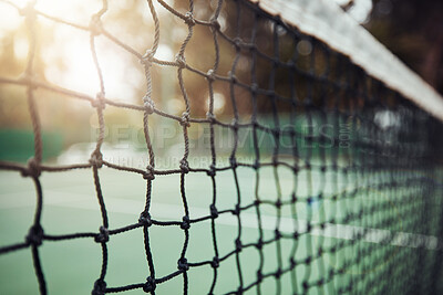 Buy stock photo Outdoor, court and net with material in tennis for sports match, competition and stadium activity. Sunset, practice and nature with fiber mesh of equipment for summer, game and tournament in Paris