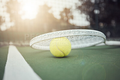 Buy stock photo Tennis ball, racket and court ground with lens flare, physical hobby and outdoor sunshine. Summer, sports equipment and mock up for training, fitness and exercise at game, contest or competition