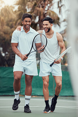 Buy stock photo Friends, tennis and men with joke, laughing and happy for match with goals, court and fitness for sports. Outdoor, teamwork and game for people, healthy and competition for performance in club