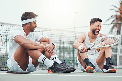 Buy stock photo Friends, tennis and break with racket, laughing and happy for match with equipment, court and fitness for sports. Outdoor, team and game for people, men and joke for performance in field and funny