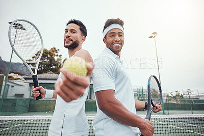 Buy stock photo Friends, tennis and men with racket, portrait and happy for match with equipment, court and fitness for sports. Outdoor, team and game for people, muscle and competition for performance in field