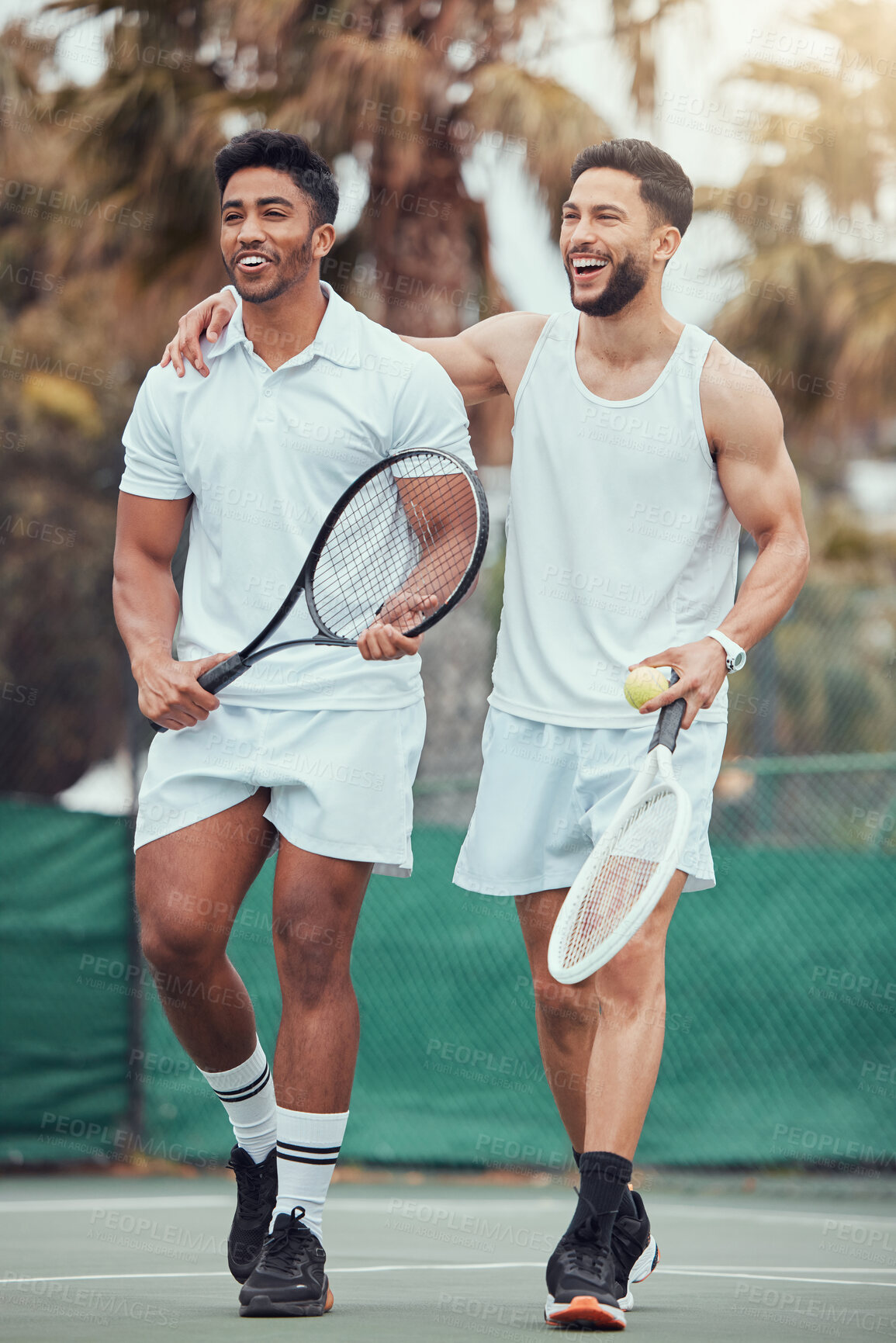 Buy stock photo Friends, tennis and men with racket, walking and happy for match with equipment, court and fitness for sports. Outdoor, team and game for people, muscle and competition for performance in field