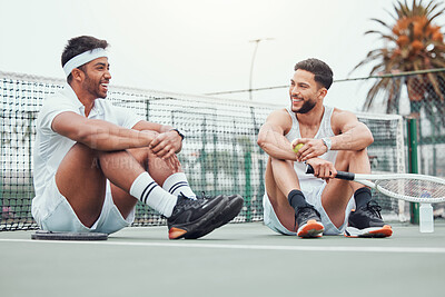 Buy stock photo Friends, tennis and break with racket, talking and happy for match with equipment, court and fitness for sports. Outdoor, team and game for people, men and joke for performance in field and funny