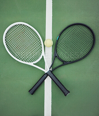 Buy stock photo Above, ball and racket on tennis court for sport, competition and contrast for versus. Game equipment, endurance and asphalt ground in stadium for tournament, physical activity and action in England