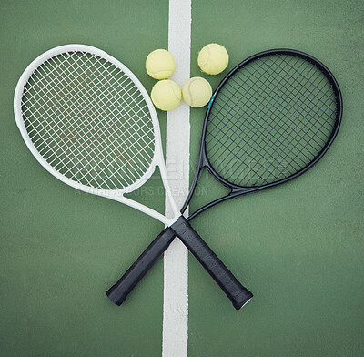 Buy stock photo Tennis, racket and top on court floor, ball and fitness for competition sport in summer or outside with equipment. Tournament, cardio activity and training for contest, game and country club